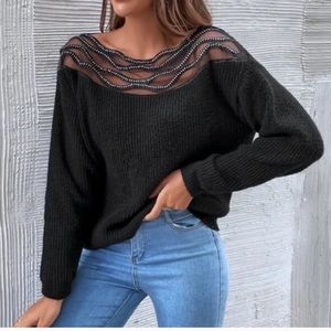 Boho black mesh insert sweater top